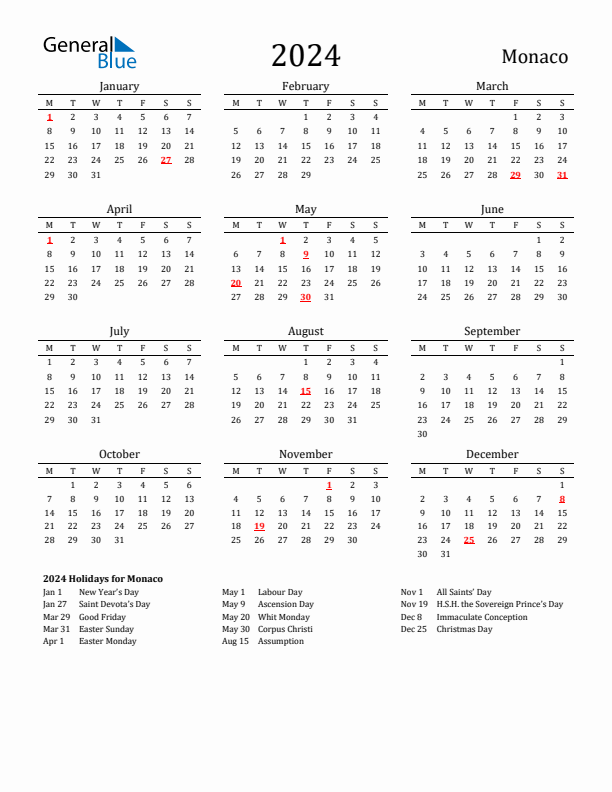 Monaco Holidays Calendar for 2024