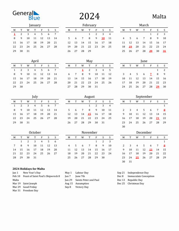 Malta Holidays Calendar for 2024