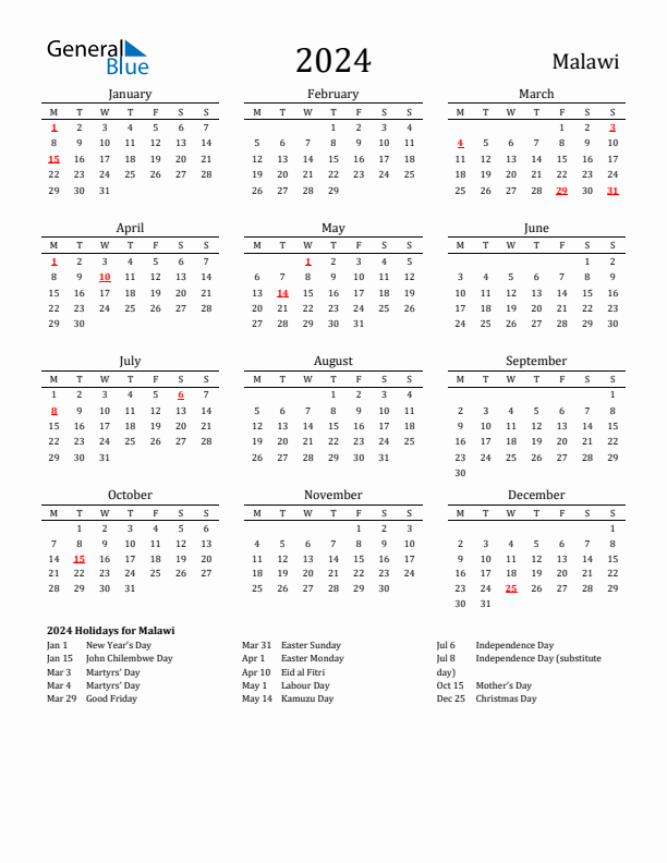 Malawi Holidays Calendar for 2024