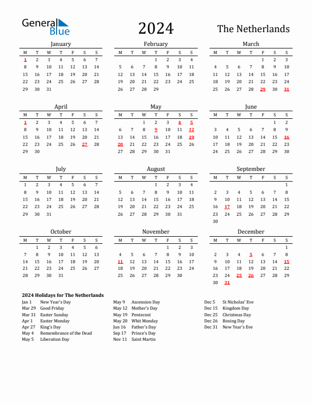 The Netherlands Holidays Calendar for 2024