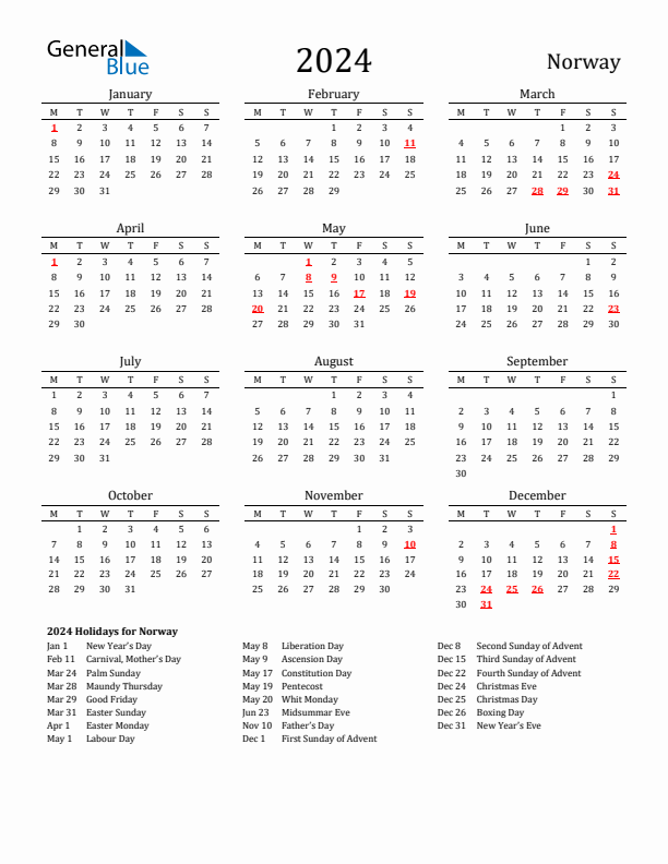 Norway Holidays Calendar for 2024