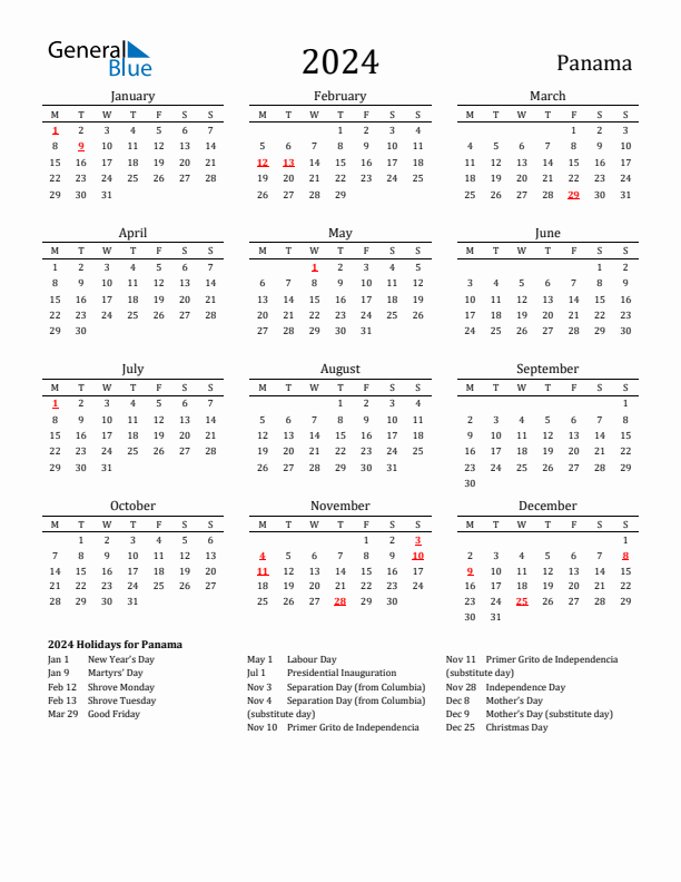 Panama Holidays Calendar for 2024