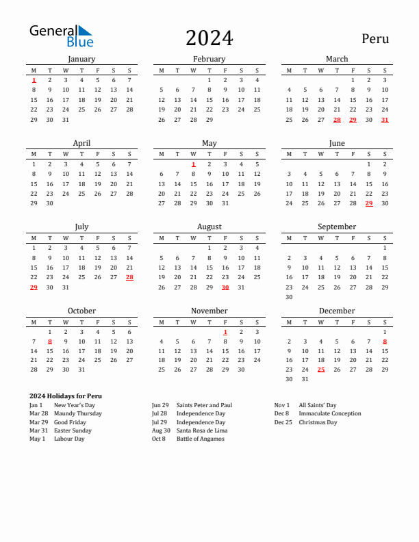 Peru Holidays Calendar for 2024