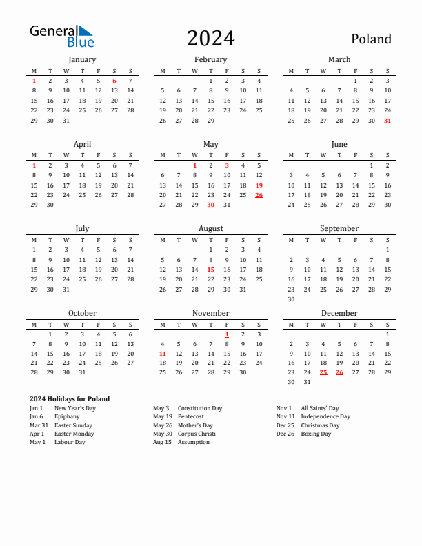 Poland Holidays Calendar for 2024