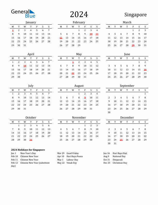 Singapore Holidays Calendar for 2024