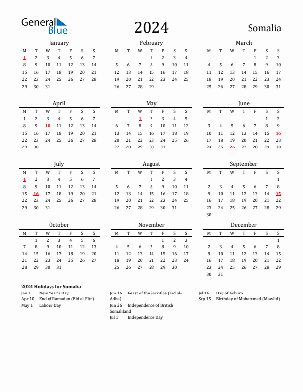 Somalia Holidays Calendar for 2024