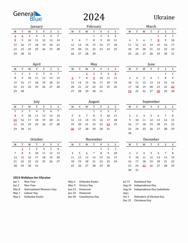 Ukraine Holidays Calendar for 2024