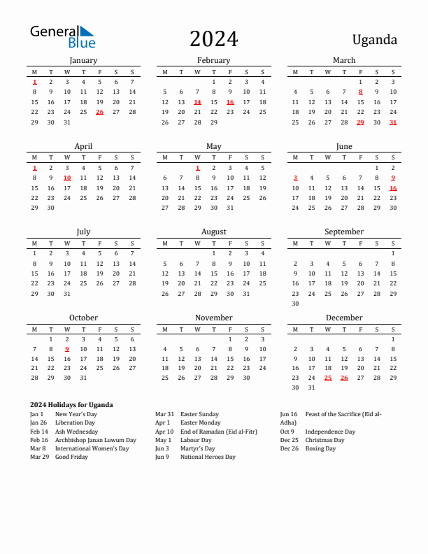 Uganda Holidays Calendar for 2024