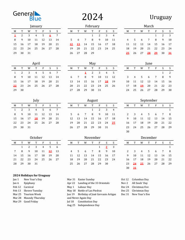 Uruguay Holidays Calendar for 2024