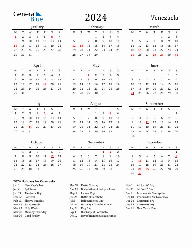 Venezuela Holidays Calendar for 2024