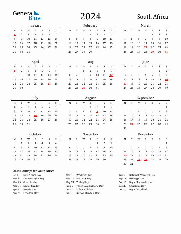 South Africa Holidays Calendar for 2024