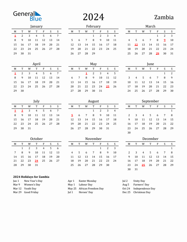 Zambia Holidays Calendar for 2024