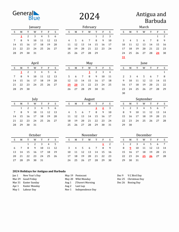 Antigua and Barbuda Holidays Calendar for 2024