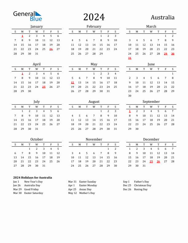 Australia Holidays Calendar for 2024