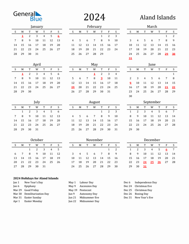 Aland Islands Holidays Calendar for 2024