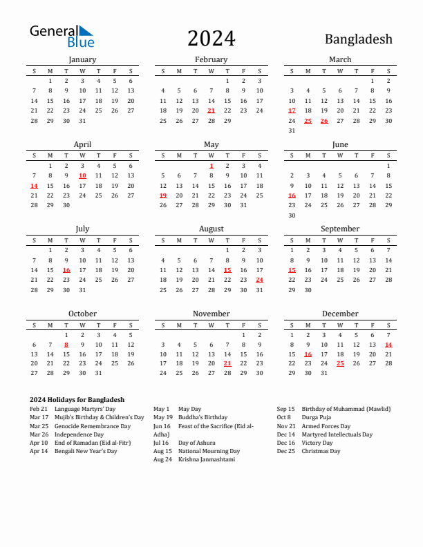 Bangladesh Holidays Calendar for 2024