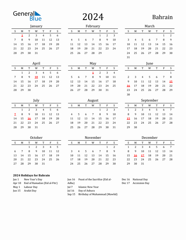 Bahrain Holidays Calendar for 2024