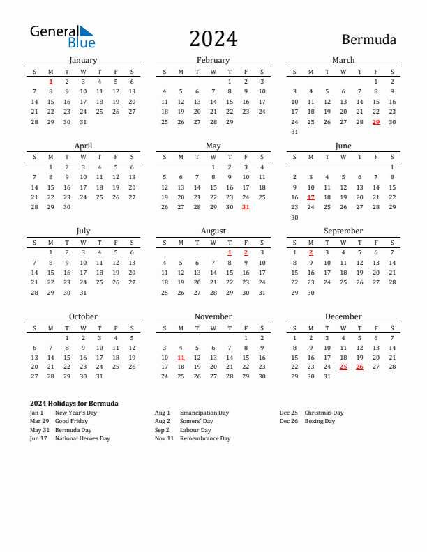 Bermuda Holidays Calendar for 2024