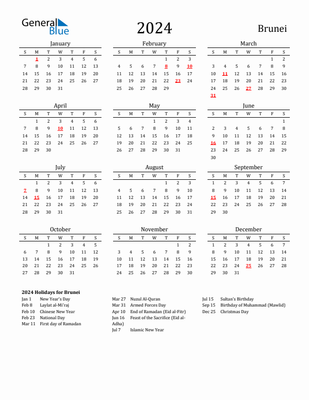 Brunei Holidays Calendar for 2024