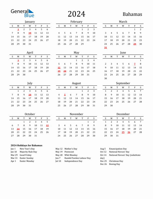 Bahamas Holidays Calendar for 2024