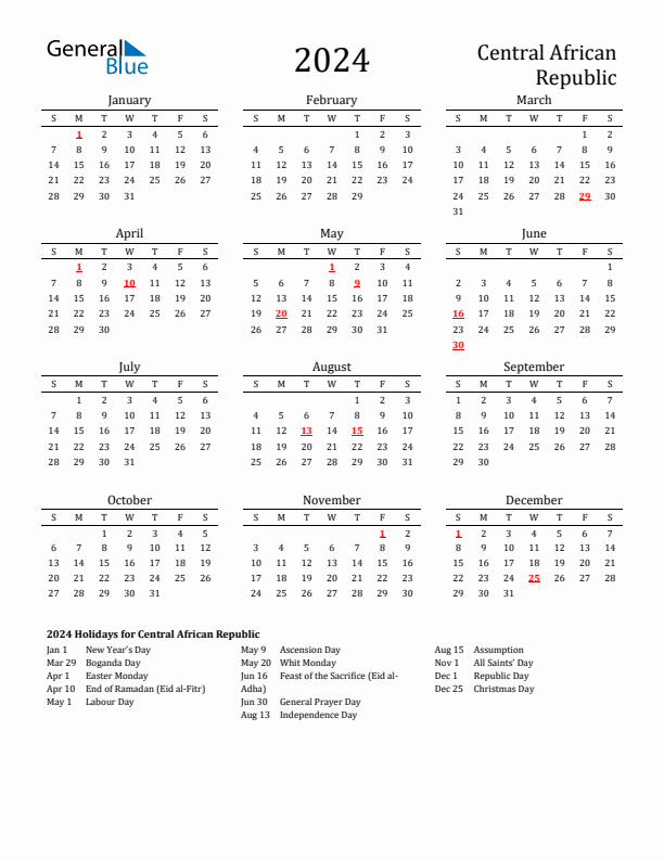 Central African Republic Holidays Calendar for 2024