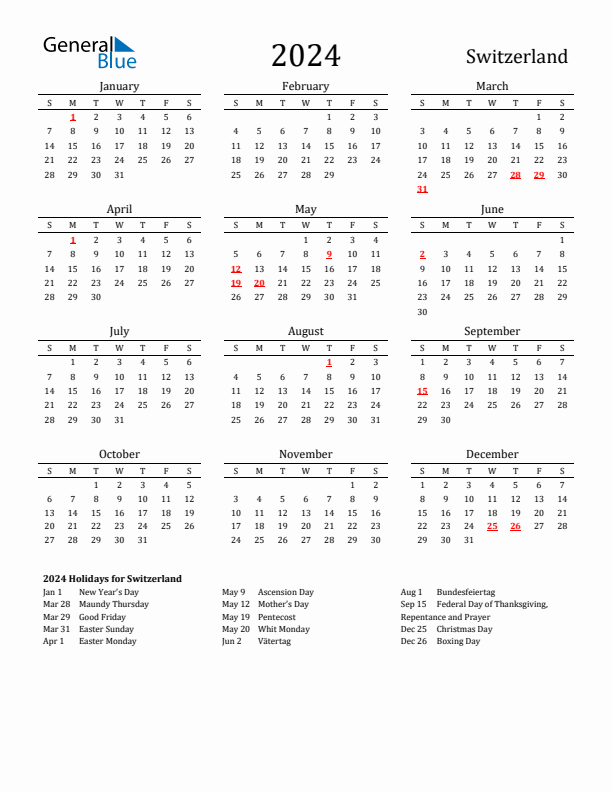 Switzerland Holidays Calendar for 2024