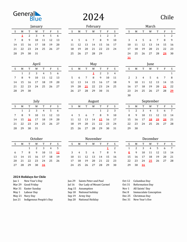 Chile Holidays Calendar for 2024