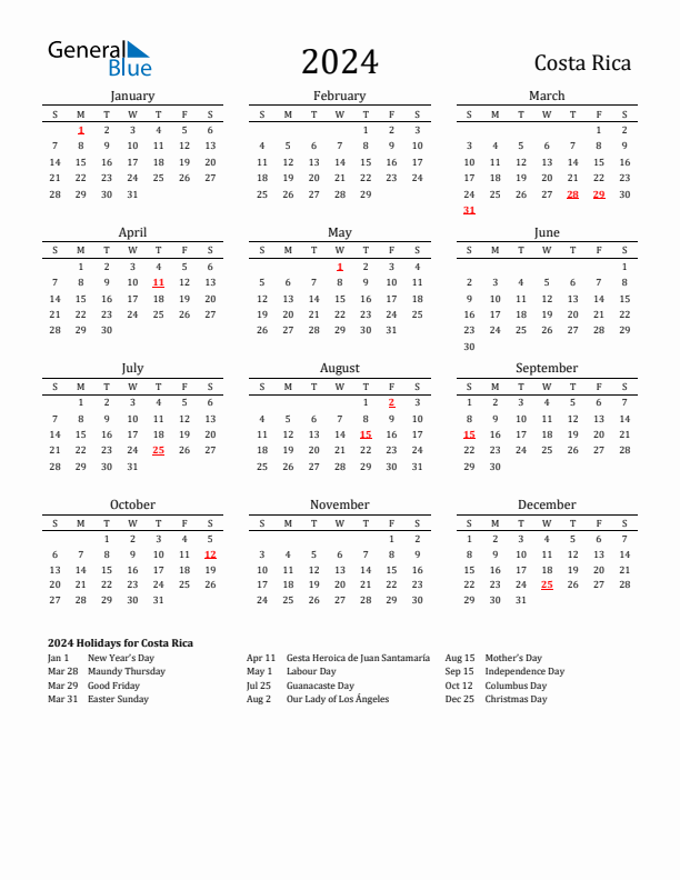 Costa Rica Holidays Calendar for 2024