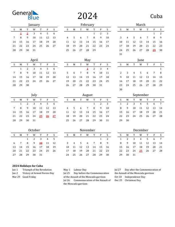 Cuba Holidays Calendar for 2024