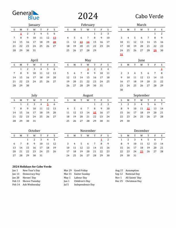 Cabo Verde Holidays Calendar for 2024