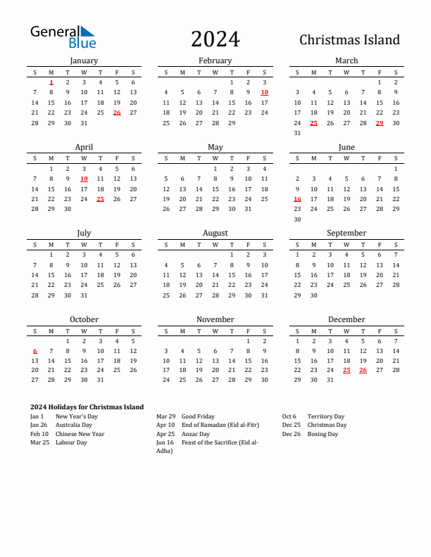 Christmas Island Holidays Calendar for 2024