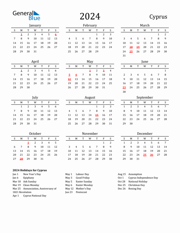 Cyprus Holidays Calendar for 2024