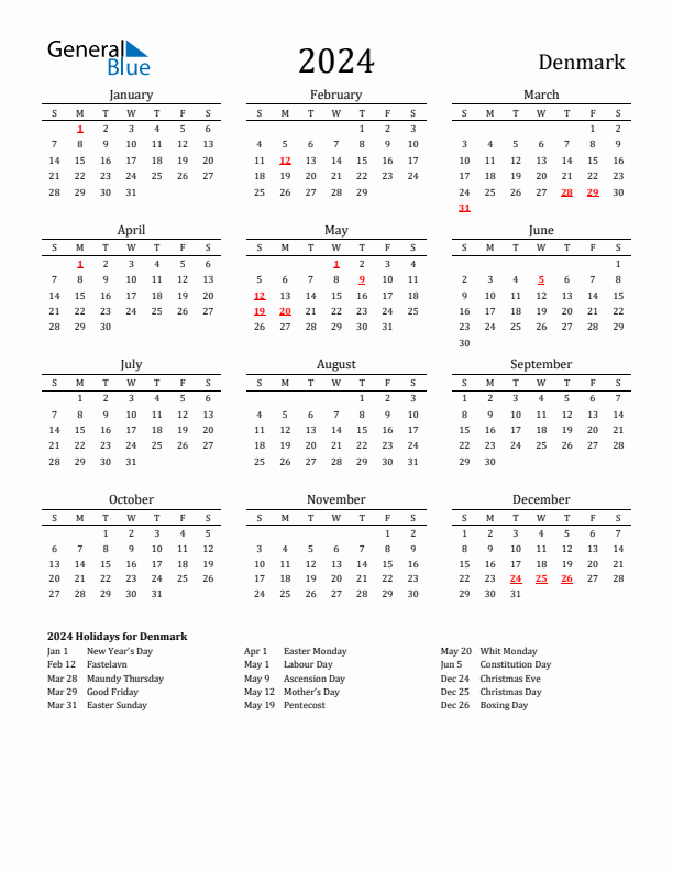 Denmark Holidays Calendar for 2024