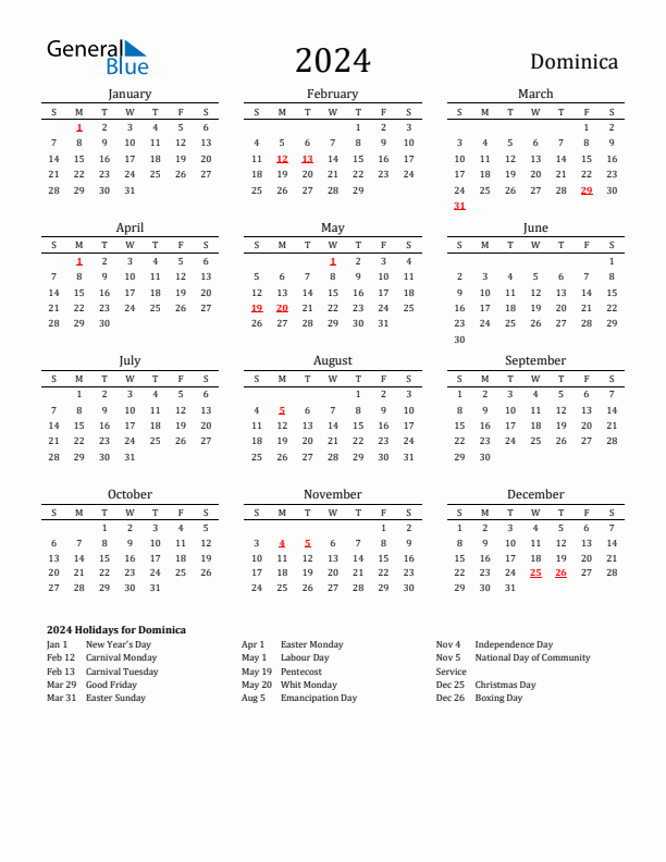 Dominica Holidays Calendar for 2024