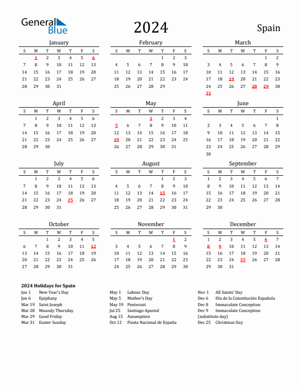 Spain Holidays Calendar for 2024