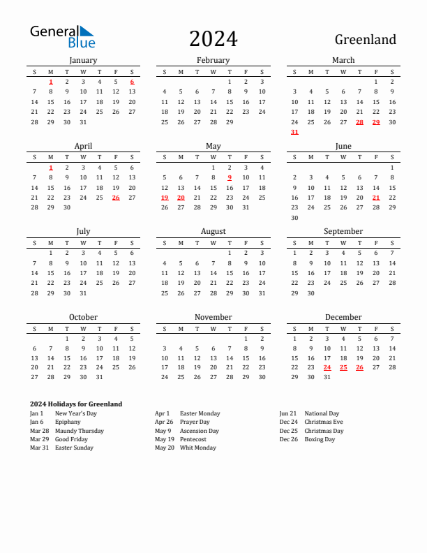 Greenland Holidays Calendar for 2024