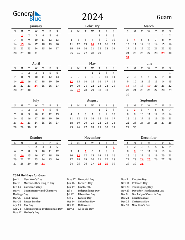 Guam Holidays Calendar for 2024