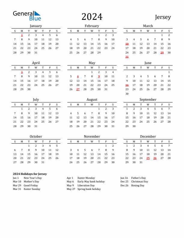 Jersey Holidays Calendar for 2024