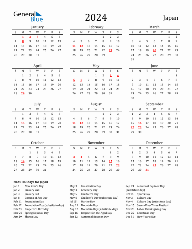 Japan Holidays Calendar for 2024