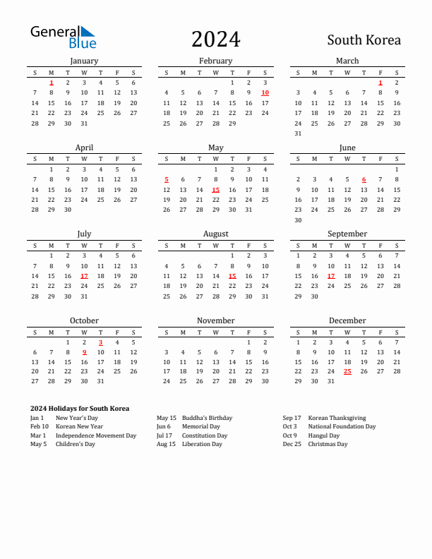 South Korea Holidays Calendar for 2024