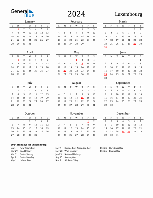 Luxembourg Holidays Calendar for 2024