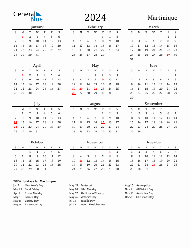 Martinique Holidays Calendar for 2024