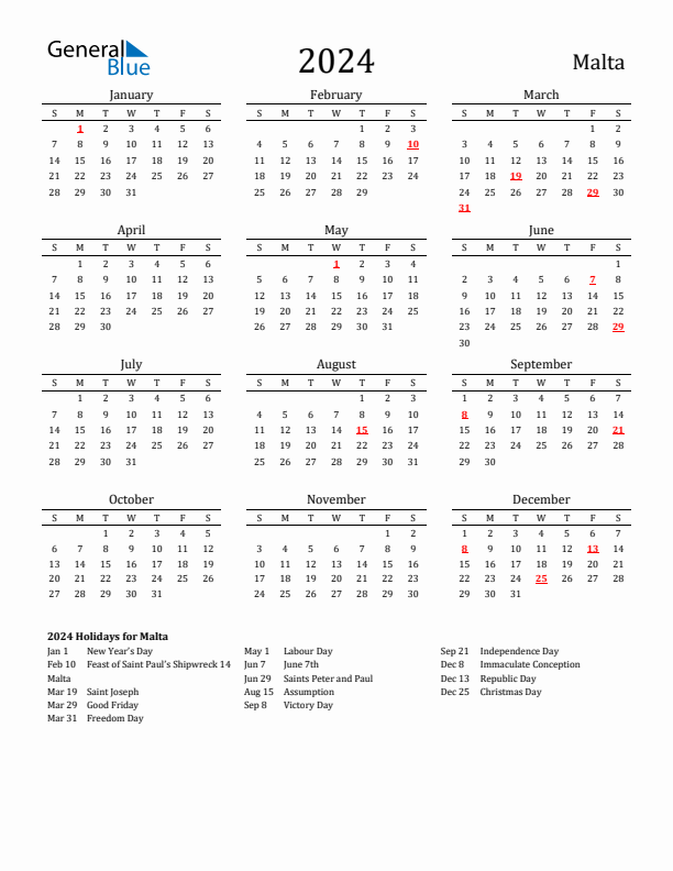 Malta Holidays Calendar for 2024