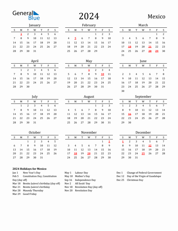 Mexico Holidays Calendar for 2024