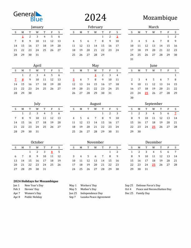 Mozambique Holidays Calendar for 2024