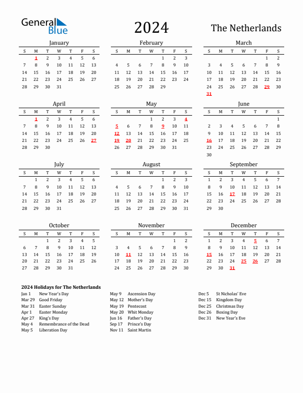 The Netherlands Holidays Calendar for 2024