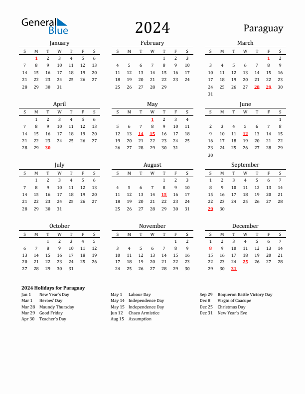 Paraguay Holidays Calendar for 2024