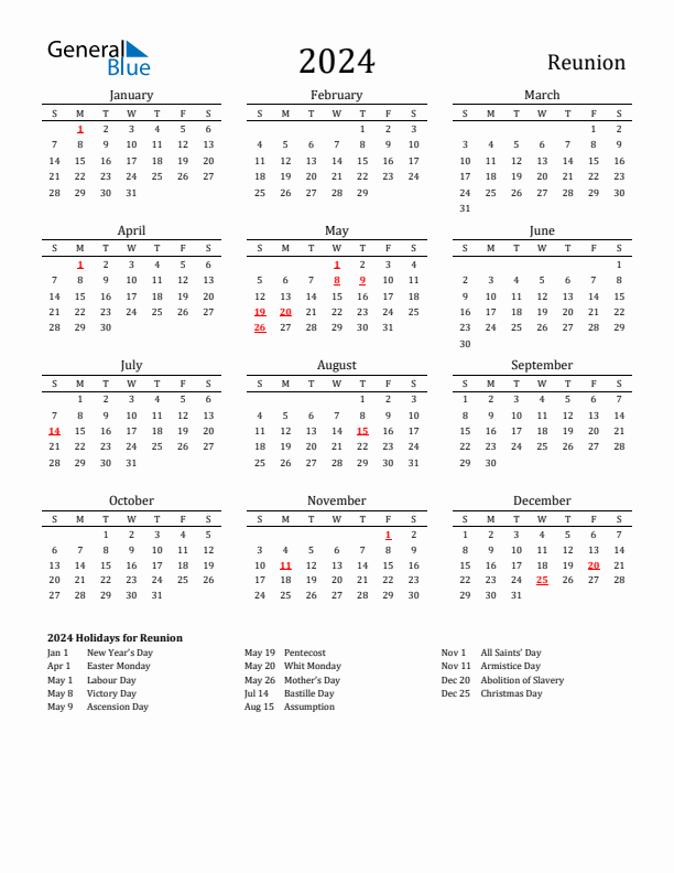 Reunion Holidays Calendar for 2024