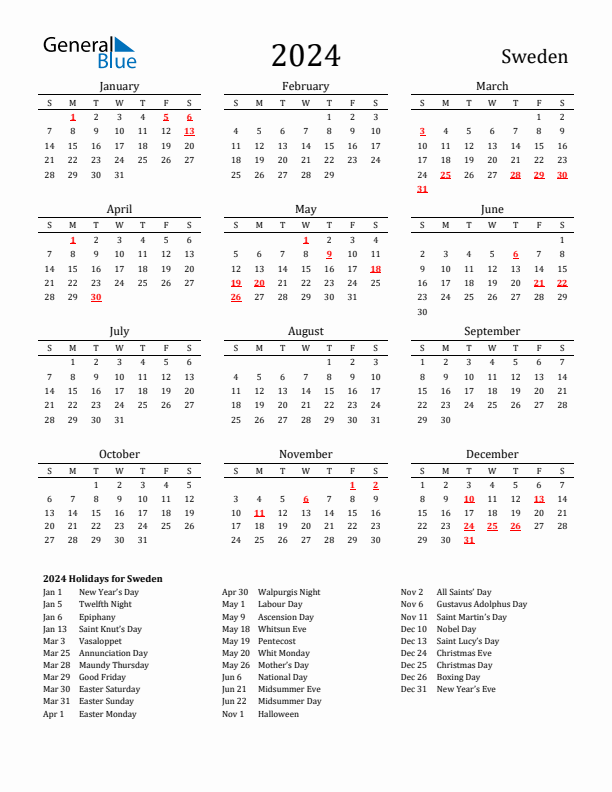 Sweden Holidays Calendar for 2024