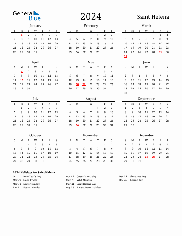 Saint Helena Holidays Calendar for 2024